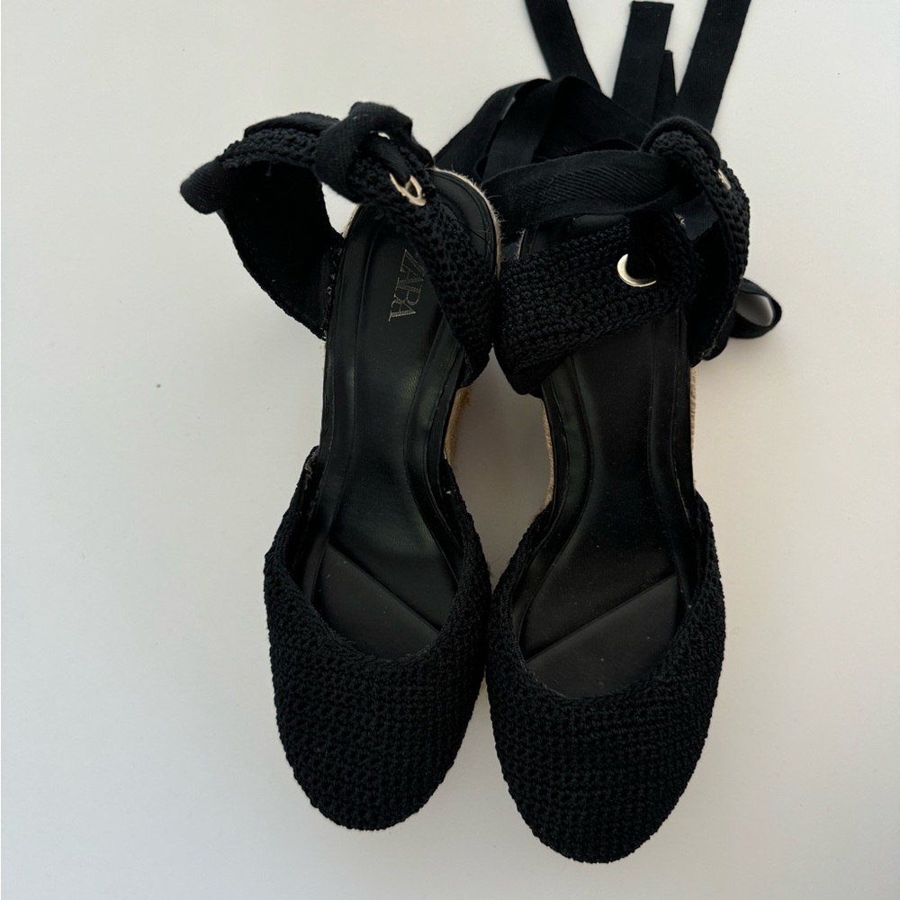 Zara Women's Black Woven Espadrille Wedge size 37